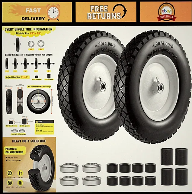 Flat Free Tire & Wheel 4.80/4.00-8" - 2 PCS Solid Wheelbarrow Tires, 14"-16" Fit