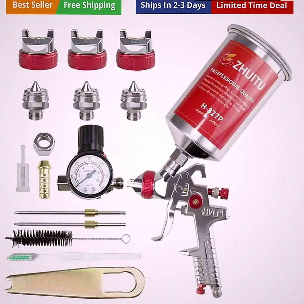 HVLP Air Spray Gun with 1.4/1.7/2mm Nozzles Air Compressor Regulator Paint Gu...