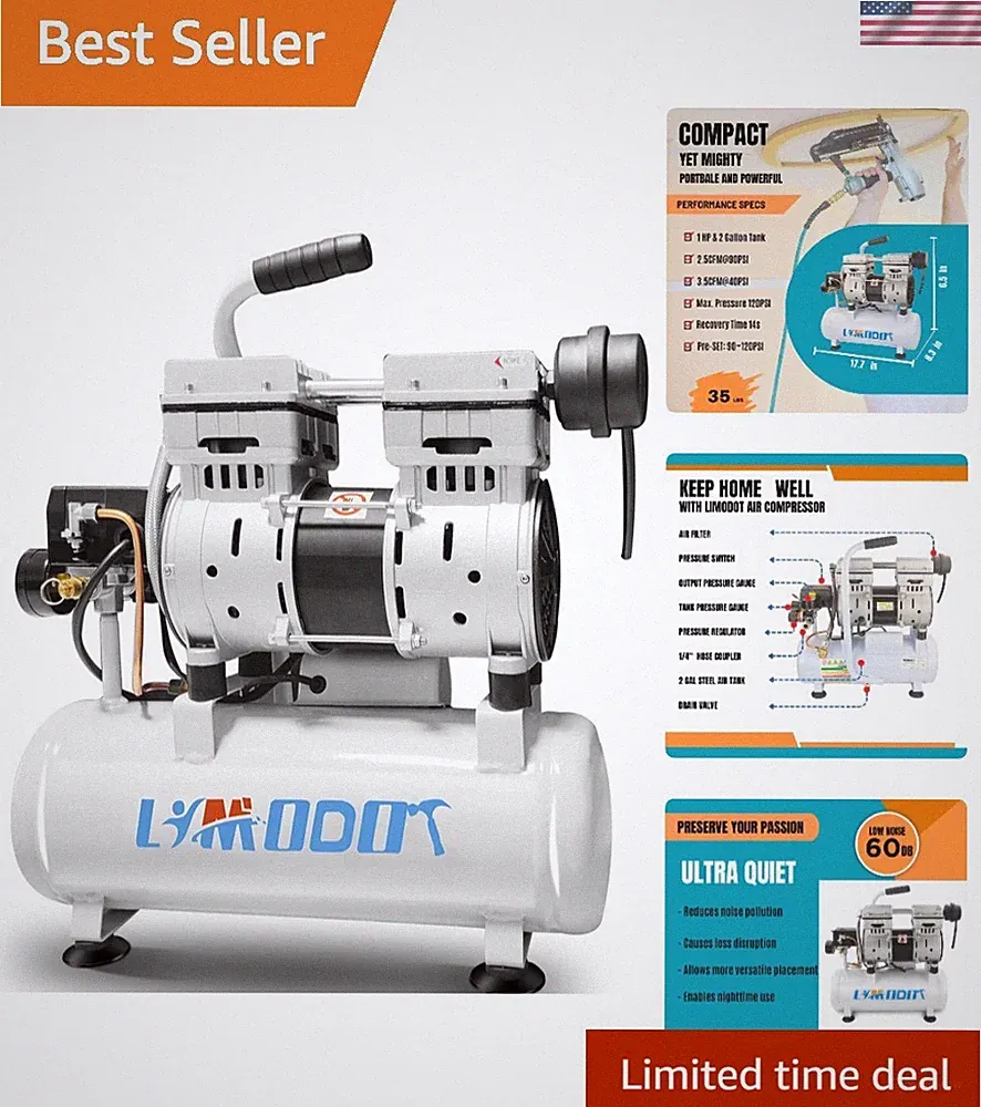 Lightweight Oil-Free Air Compressor - Ultra Quiet, 14s Recovery, 2 Gallons Power